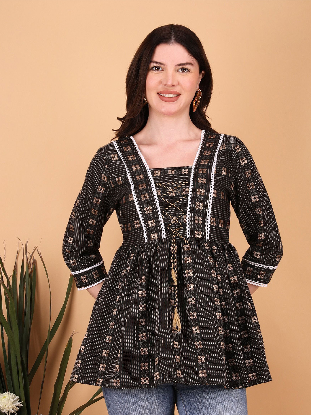 

ROYAL DESIGN Women Cotton Katha Square Neck Tunic, Black