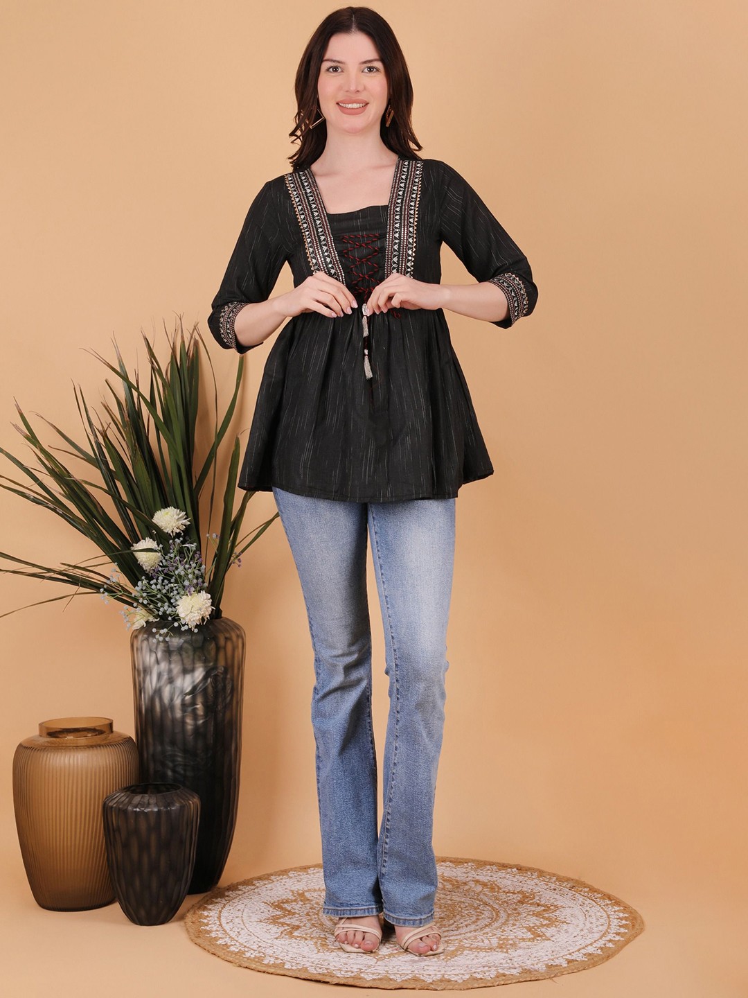 

ROYAL DESIGN Women Cotton Embroidered Tunic, Black