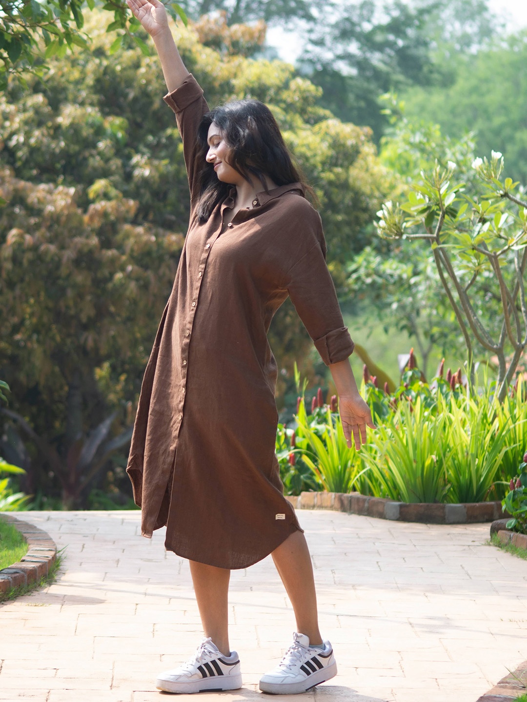 

Rimore Women Printed Linen Shirt Dress, Brown