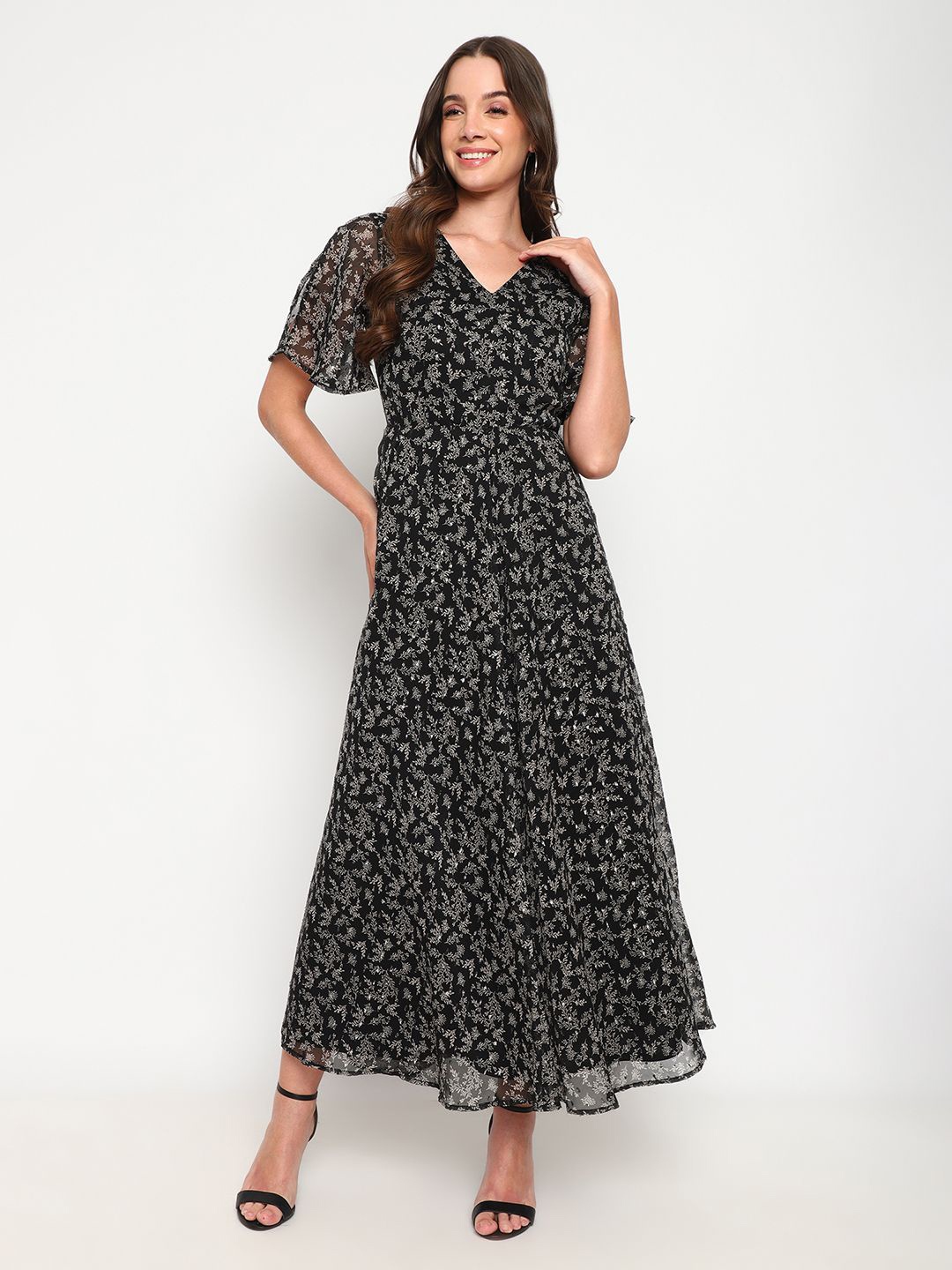 

Satrisha Floral Printed Slit Sleeves Crepe Fit and Flare Maxi Dress, Multi