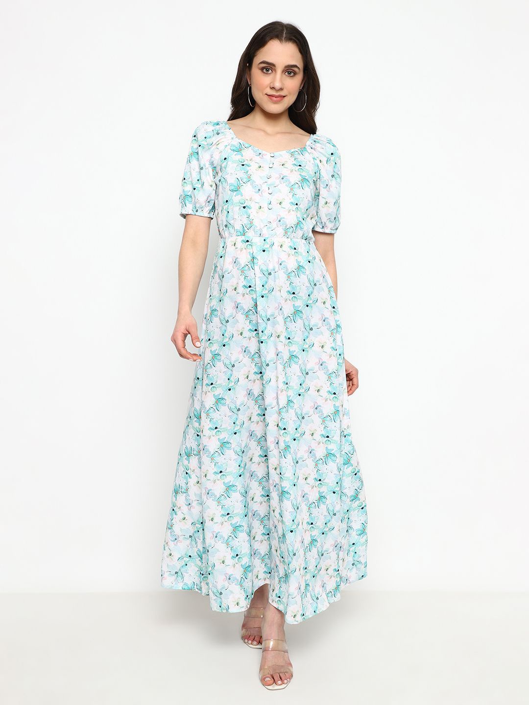 

Satrisha Women Floral Printed Puff Sleeve Sweetheart Neck Maxi Dress, Blue