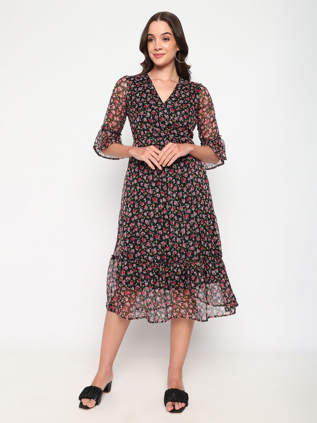 

Satrisha Women Floral Printed Puff Sleeve Midi Dress, Black