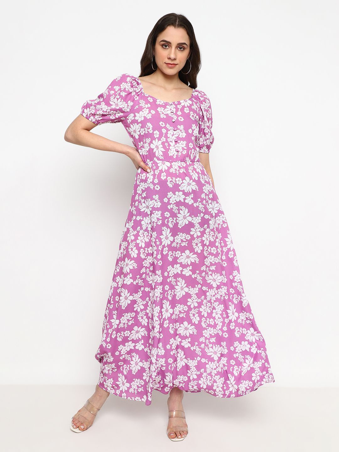 

Satrisha Women Floral Printed Puff Sleeve Crepe Maxi Dress, Pink