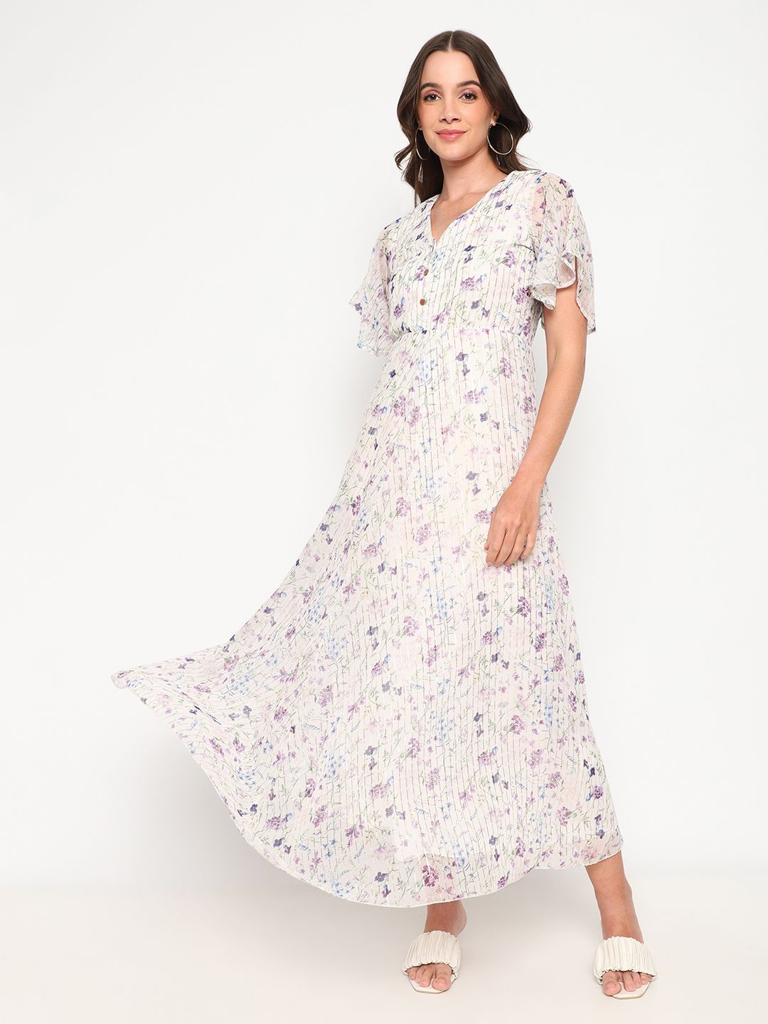 

Satrisha Floral Printed Crepe Fit and Flare Maxi Dress, White