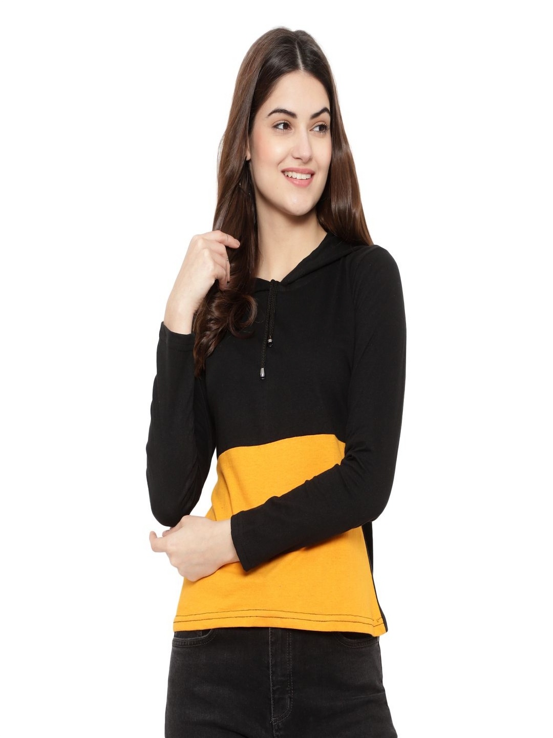 

DEEPMAYRA COLLECTION Women Colourblocked Hooded Cotton T-shirt, Black