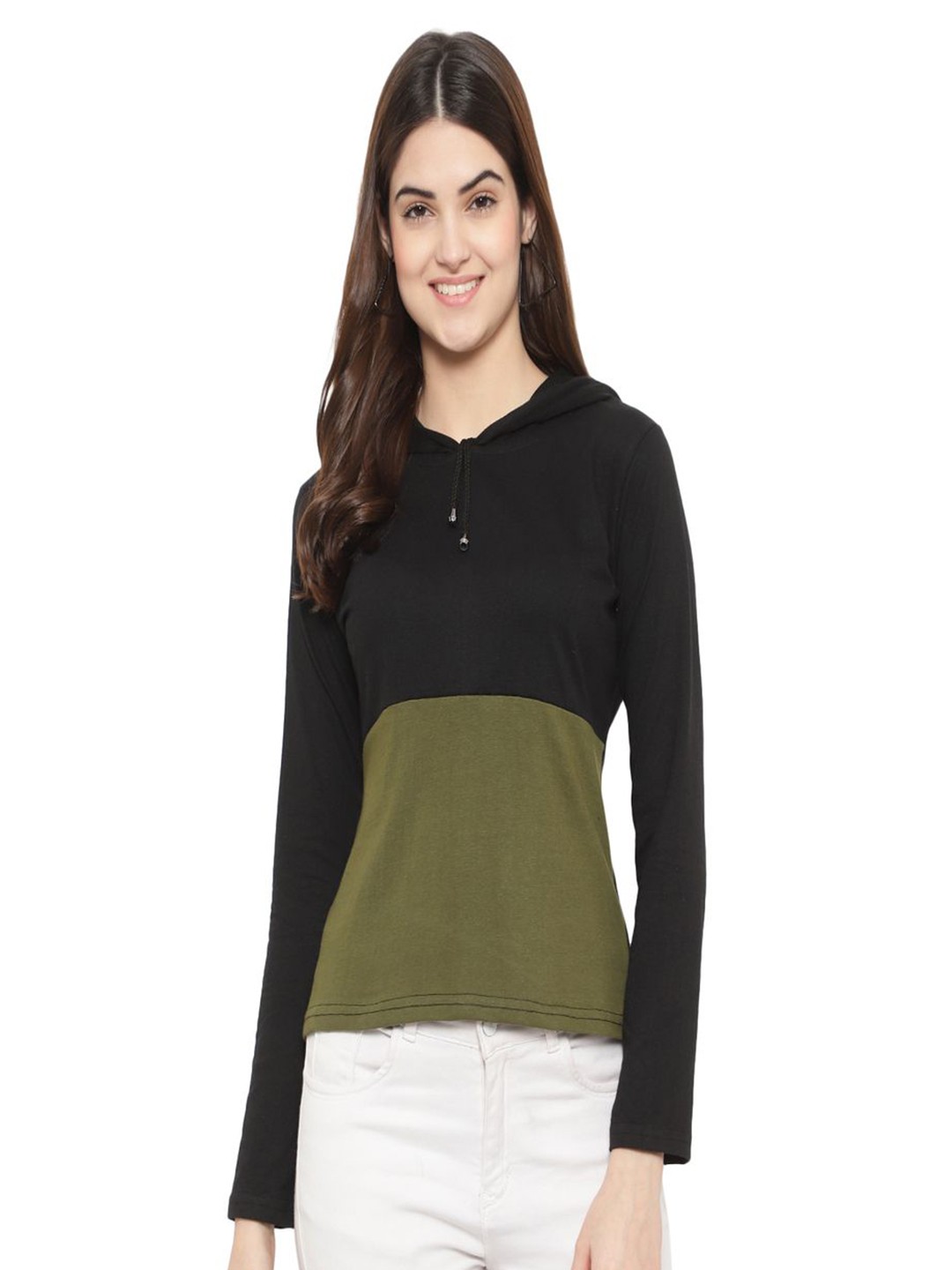 

DEEPMAYRA COLLECTION Women Colourblocked Hooded Cotton T-shirt, Black