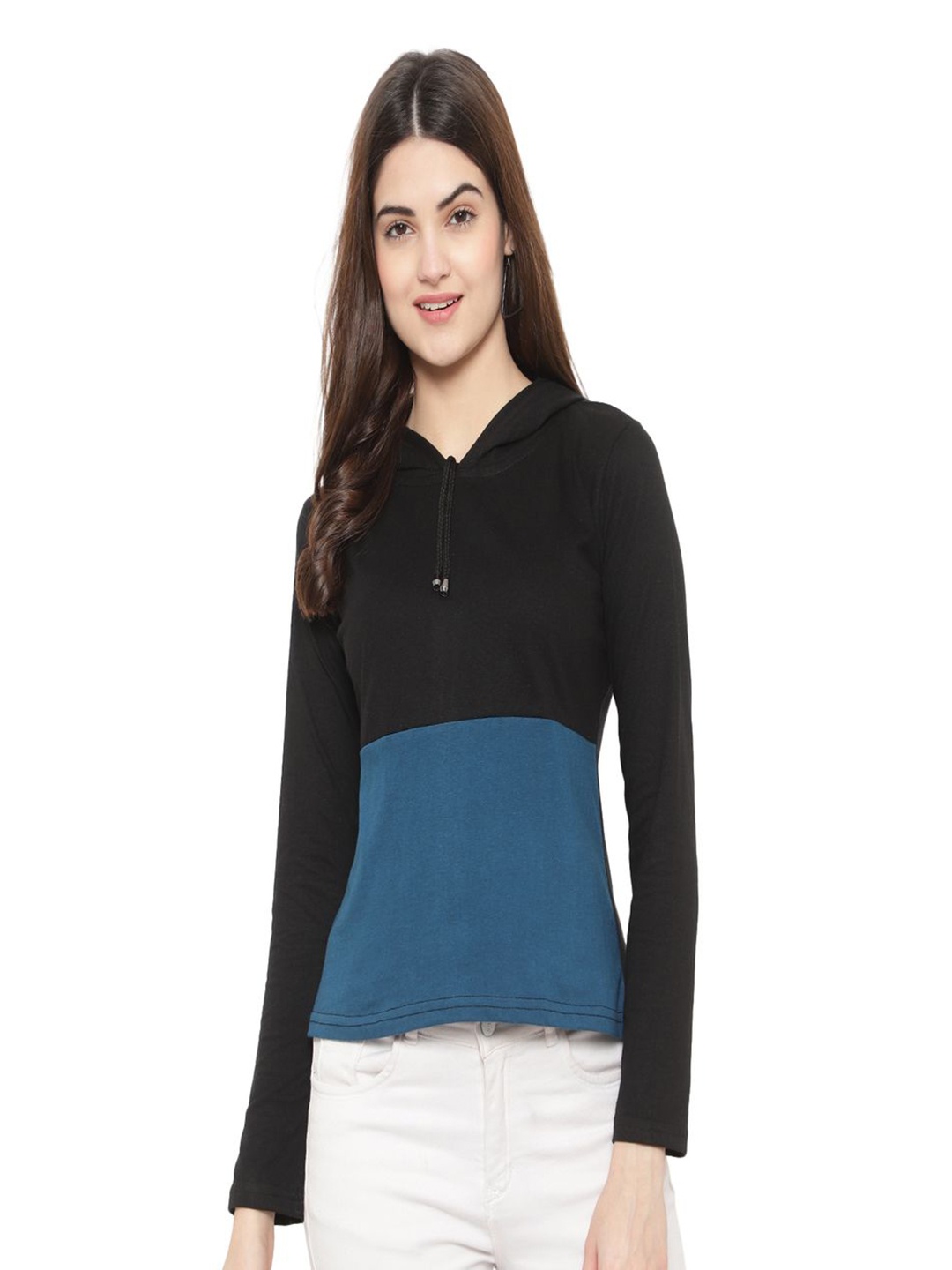 

DEEPMAYRA COLLECTION Women Colourblocked Hooded Cotton T-shirt, Black