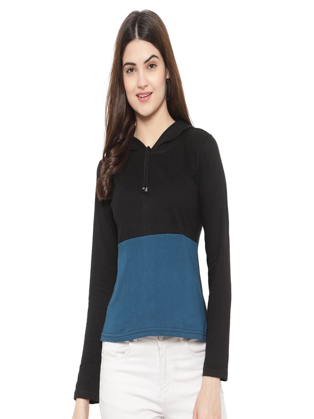 

DEEPMAYRA COLLECTION Women Colourblocked Hooded Cotton T-shirt, Black