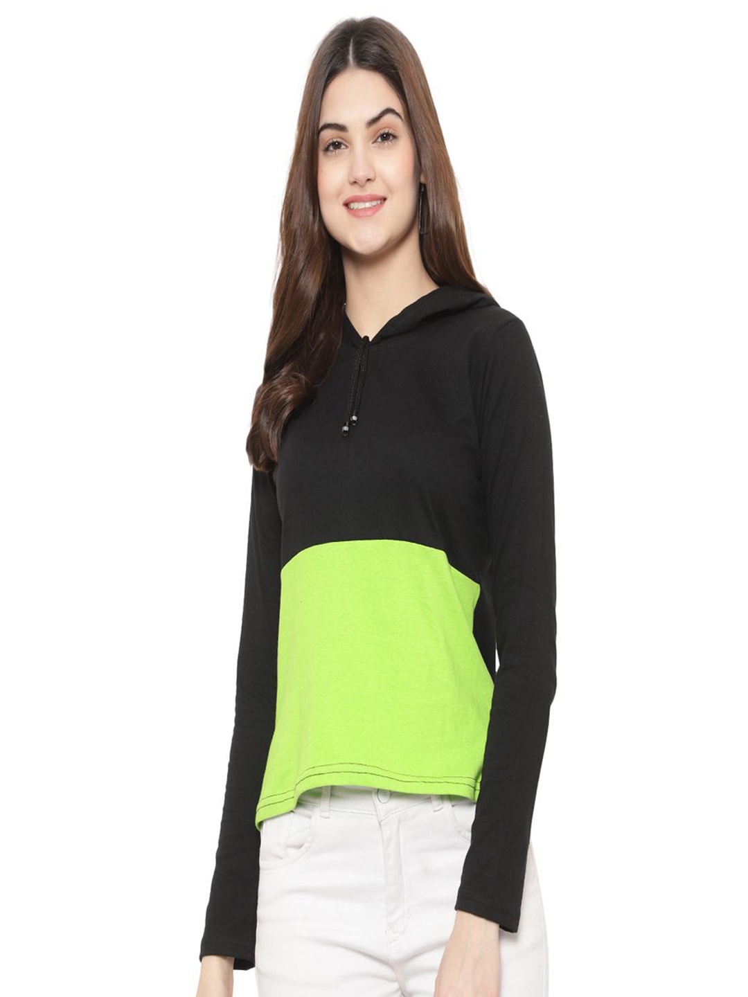 

DEEPMAYRA COLLECTION Women Colourblocked Hooded Cotton T-shirt, Black
