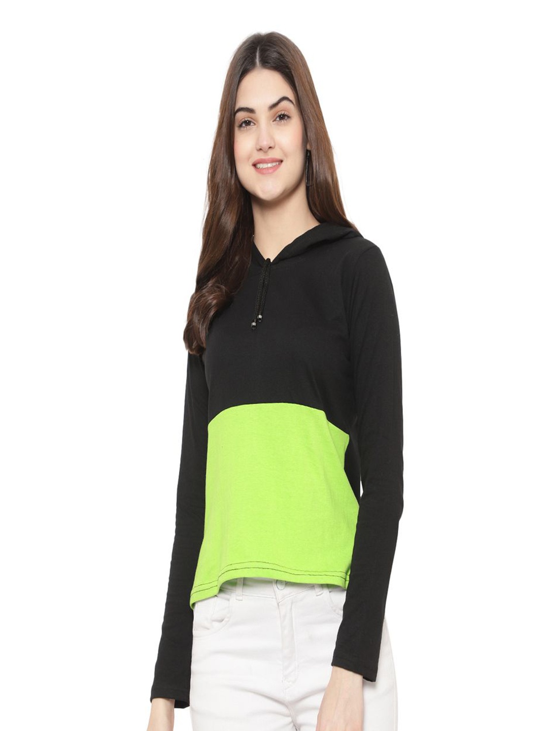 

DEEPMAYRA COLLECTION Women Colourblocked Hooded Cotton T-shirt, Black