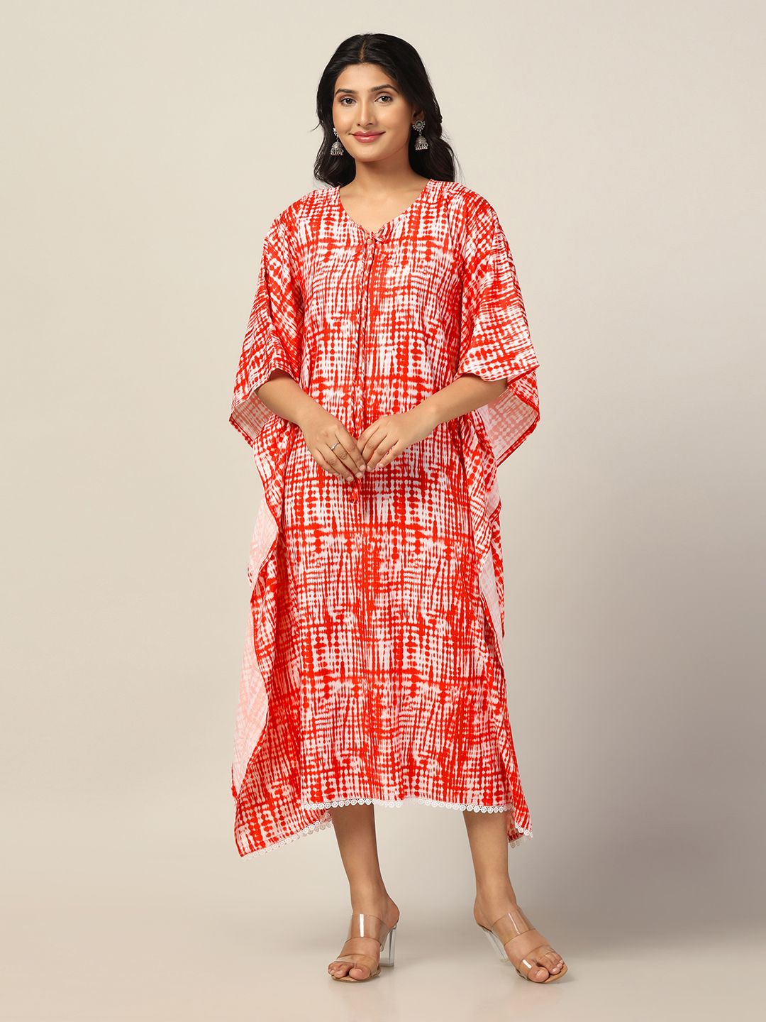 

Moda Rapido Women Tie and Dye Print Tie-Up Neck Kimono Sleeve Chiffon Kaftan Maxi Dress, Orange