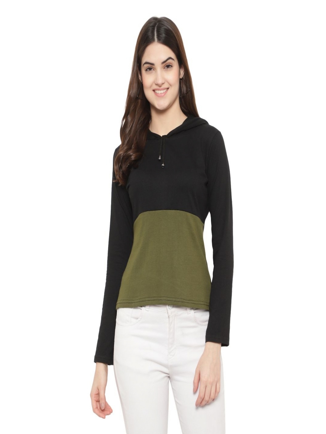 

DEEPMAYRA COLLECTION Women Colourblocked Hooded Cotton T-shirt, Black