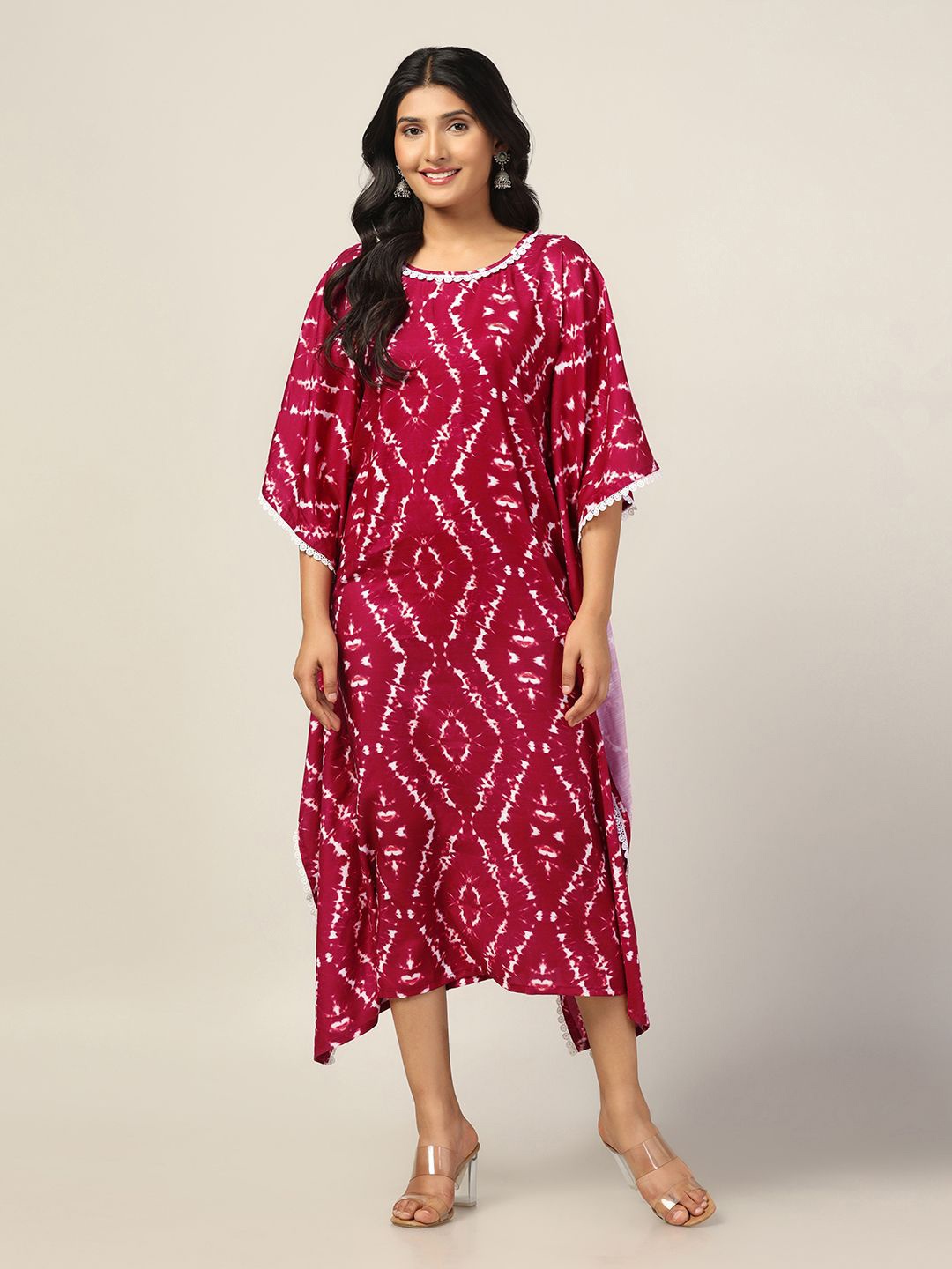 

Moda Rapido Tie and Dye Print Kimono Sleeve Chiffon Kaftan Midi Dress, Maroon