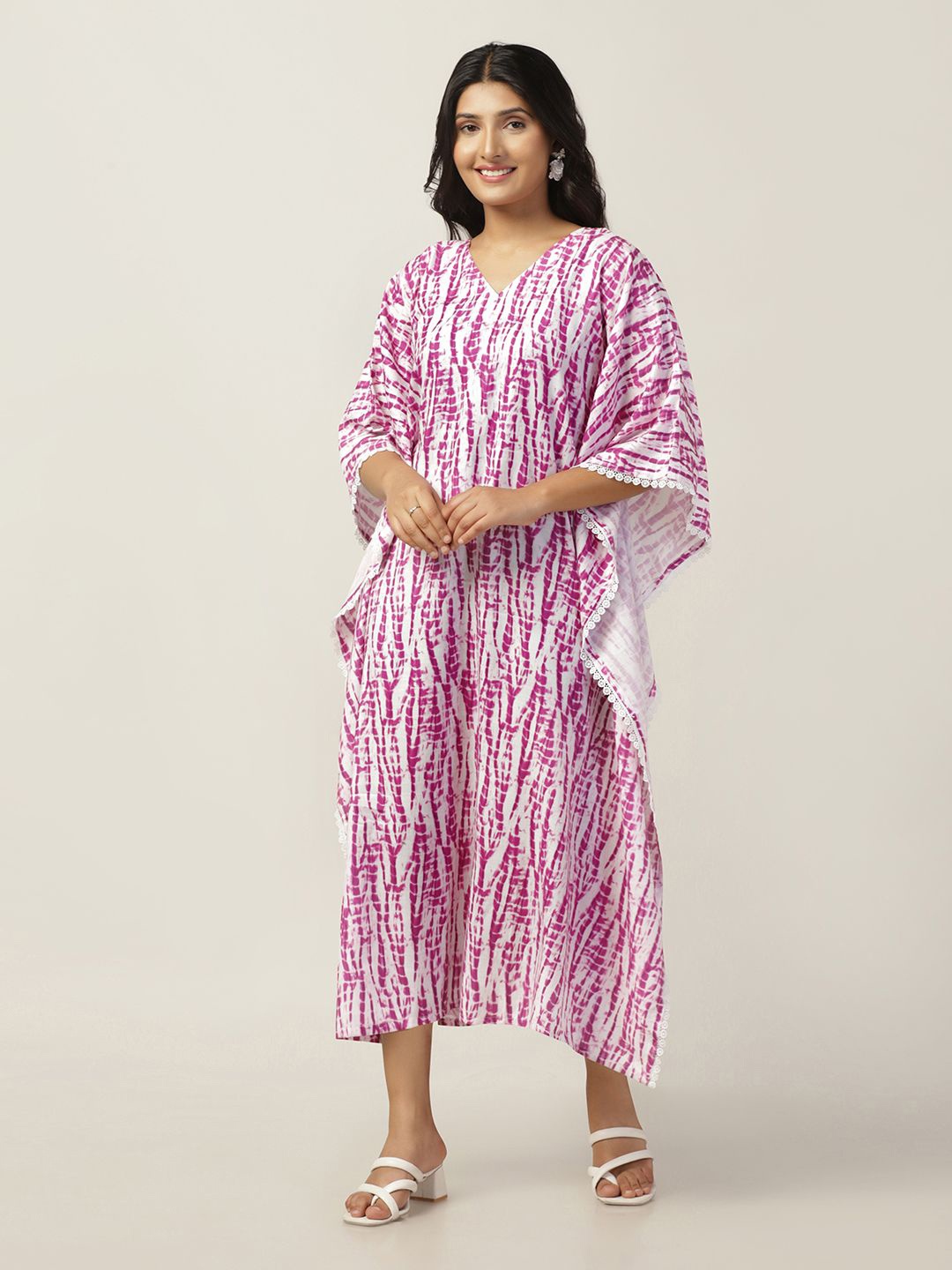 

Moda Rapido Women V-Neck Tie and Dye Print Kimono Sleeve Chiffon Kaftan Maxi Dress, Pink