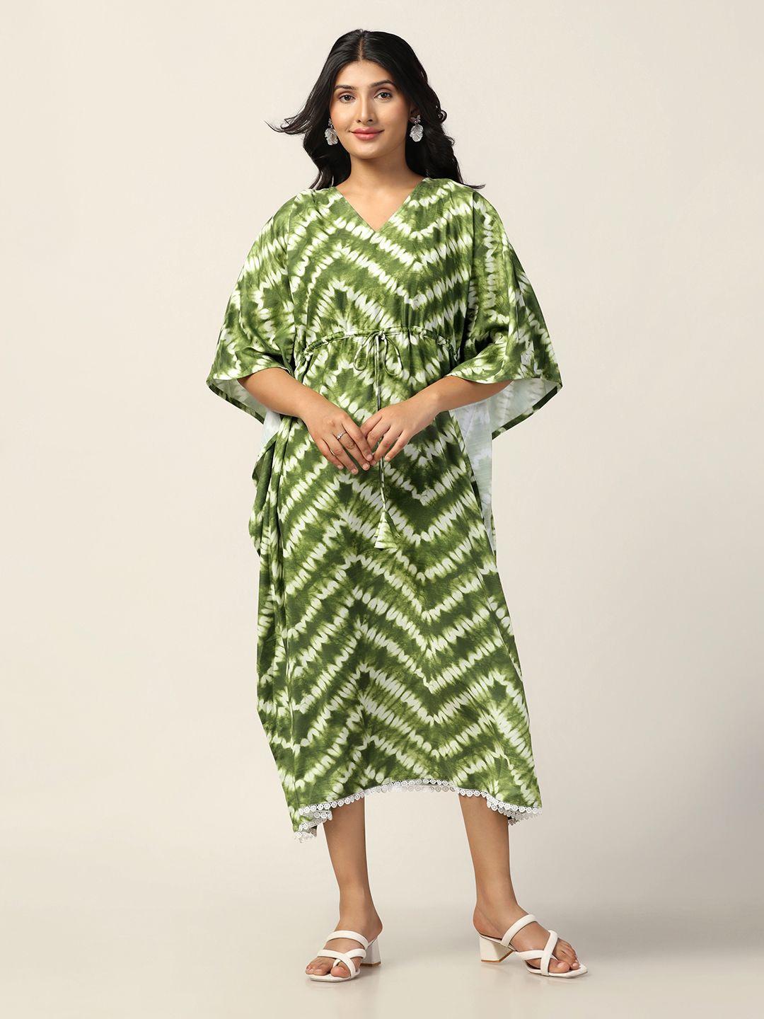 

Moda Rapido Women Tie and Dye Print Kimono Sleeve Chiffon Kaftan Maxi Dress, Green