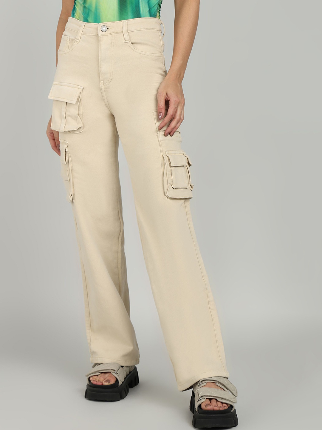 

OMG CREATION Women Stretchable Cargo Jeans, Cream