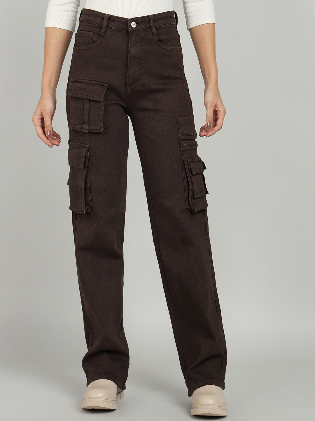 

OMG CREATION Women Stretchable Cargo Jeans, Brown
