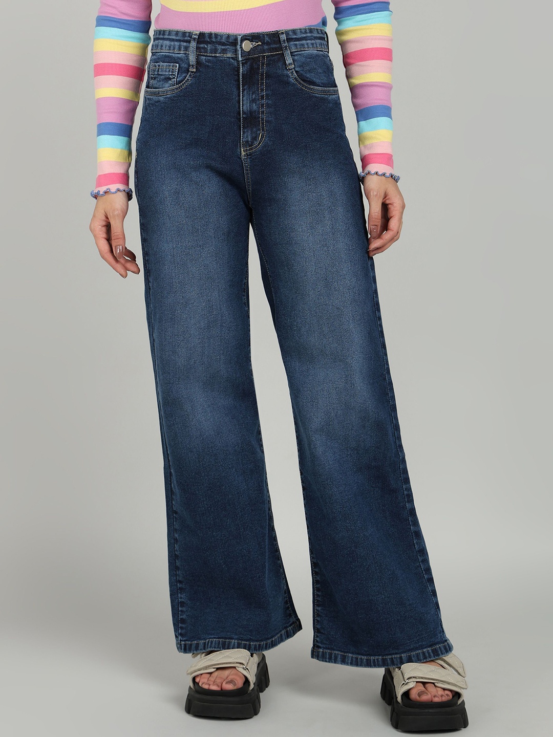 

OMG CREATION Women Wide Leg Stretchable Jeans, Navy blue