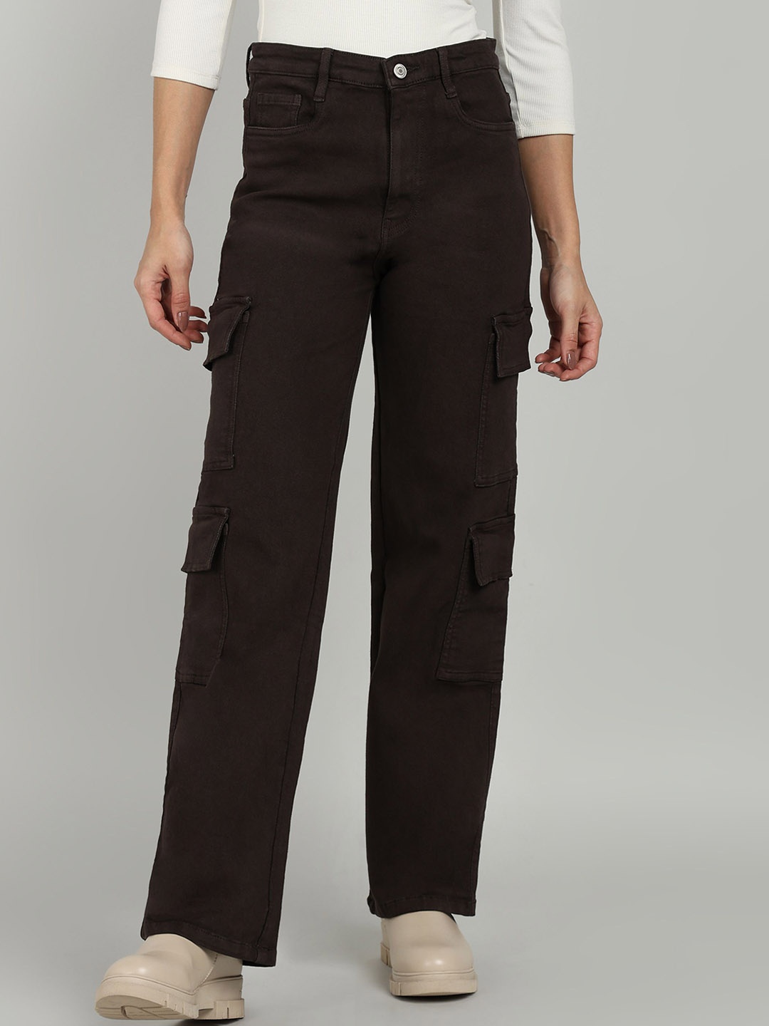 

OMG CREATION Women Stretchable Cargo Jeans, Coffee brown
