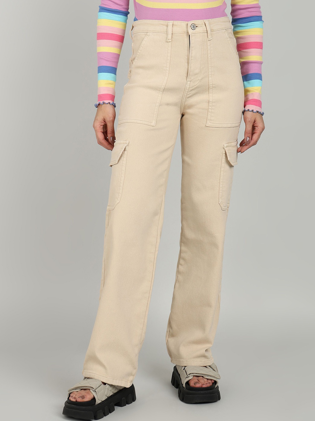 

OMG CREATION Women Stretchable Cargo Jeans, Beige