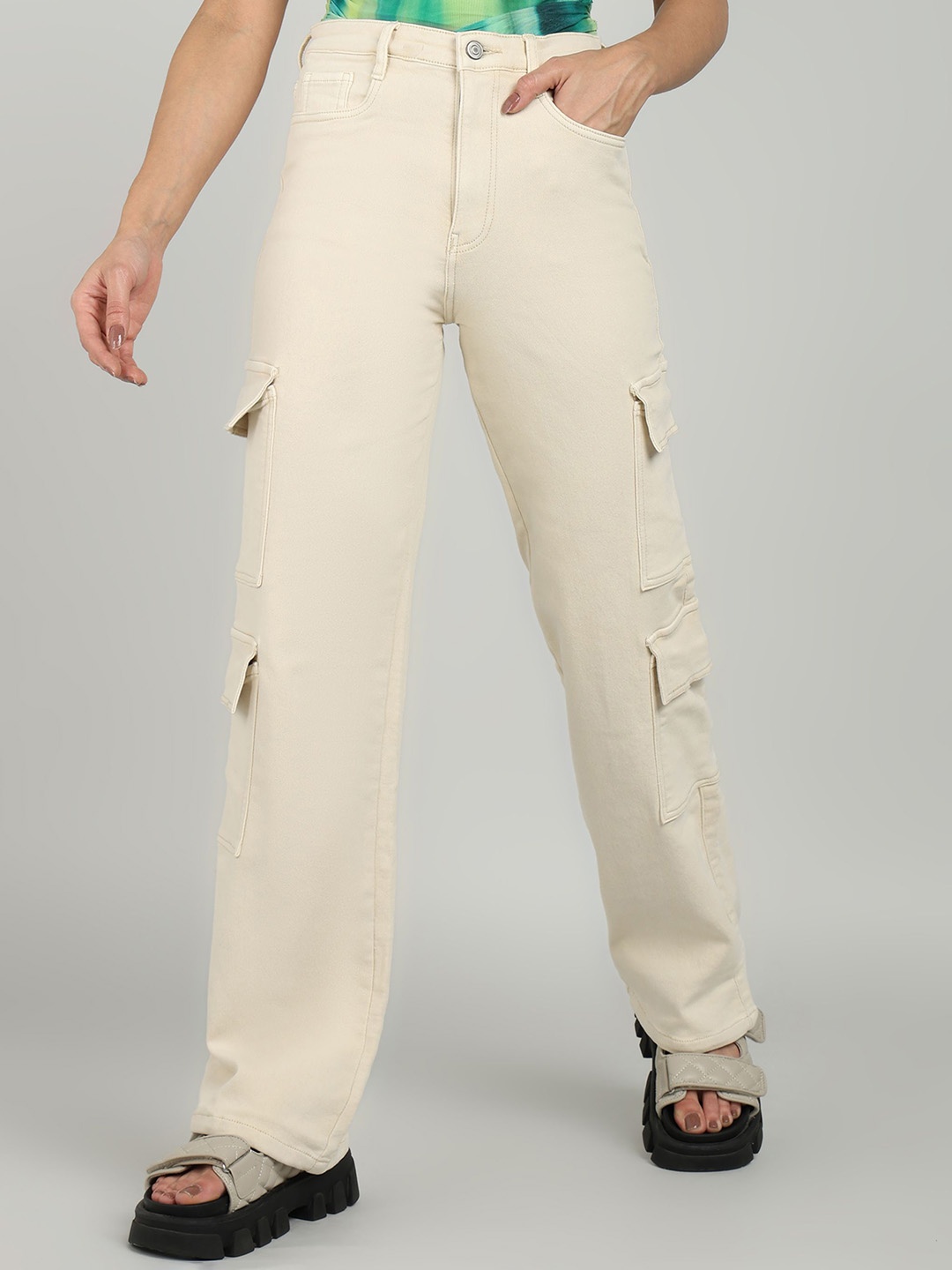 

OMG CREATION Women Stretchable Cargo Jeans, Beige