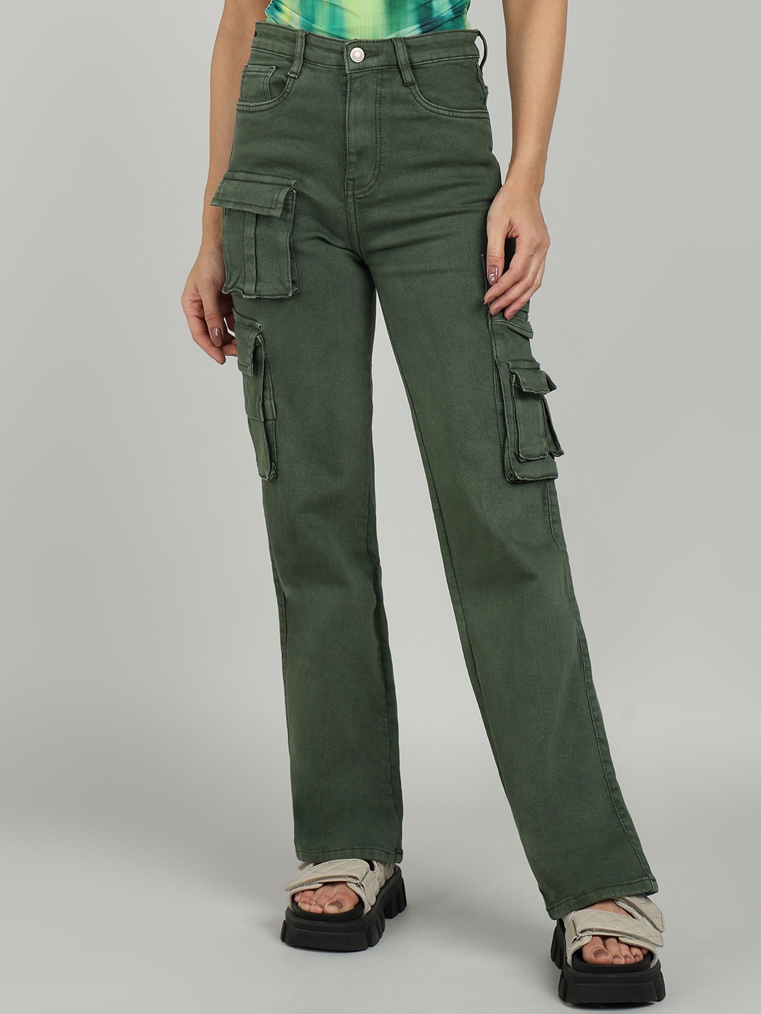 

OMG CREATION Women Stretchable Cargo Jeans, Olive