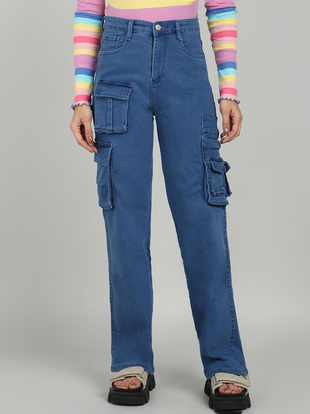 

OMG CREATION Women Stretchable Cargo Jeans, Blue