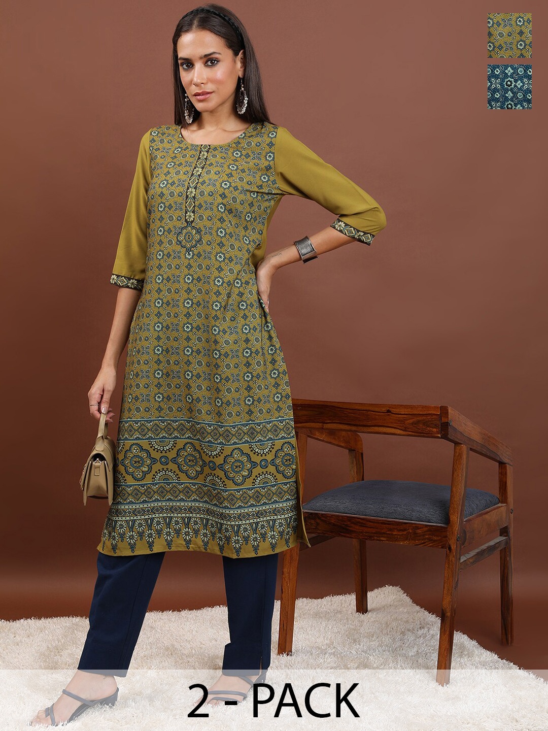 

Vishudh Women's Pack of 2 Printed Kurta, Mustard