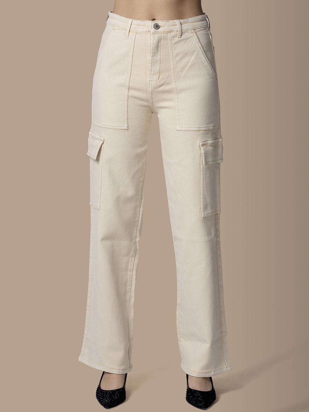 

OMG CREATION Women Stretchable Cargo Jeans, Off white