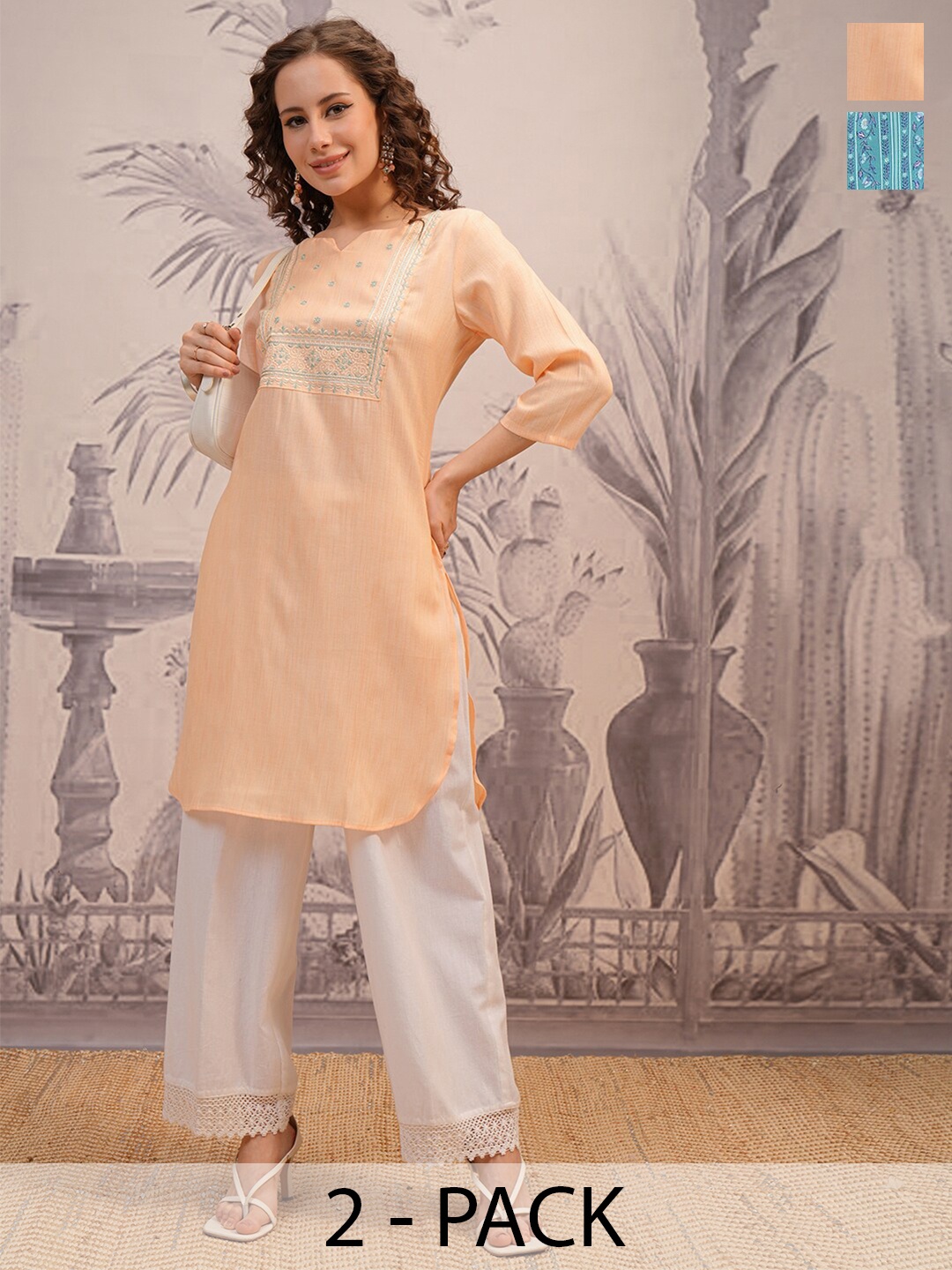 

Vishudh Pack of 2 Women's Printed Kurtas, Peach