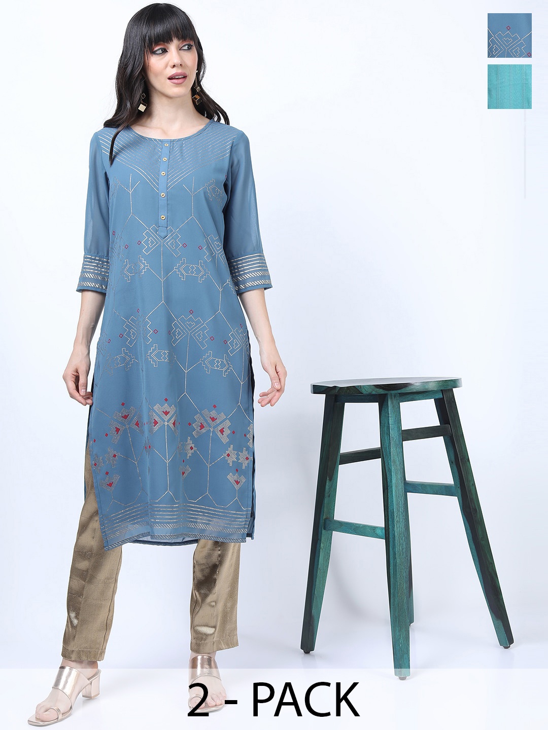 

Vishudh Pack of 2 Women Striped Printed Kurta, Blue