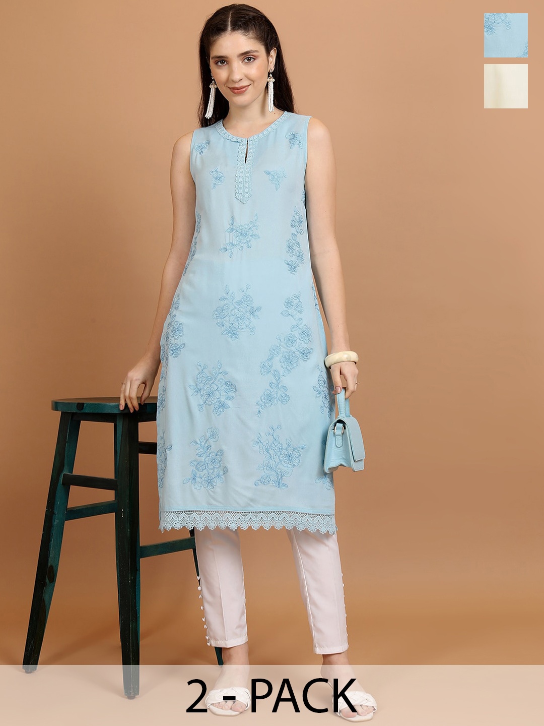 

Vishudh Pack of 2 Women's Thread Work Kurtas, Blue