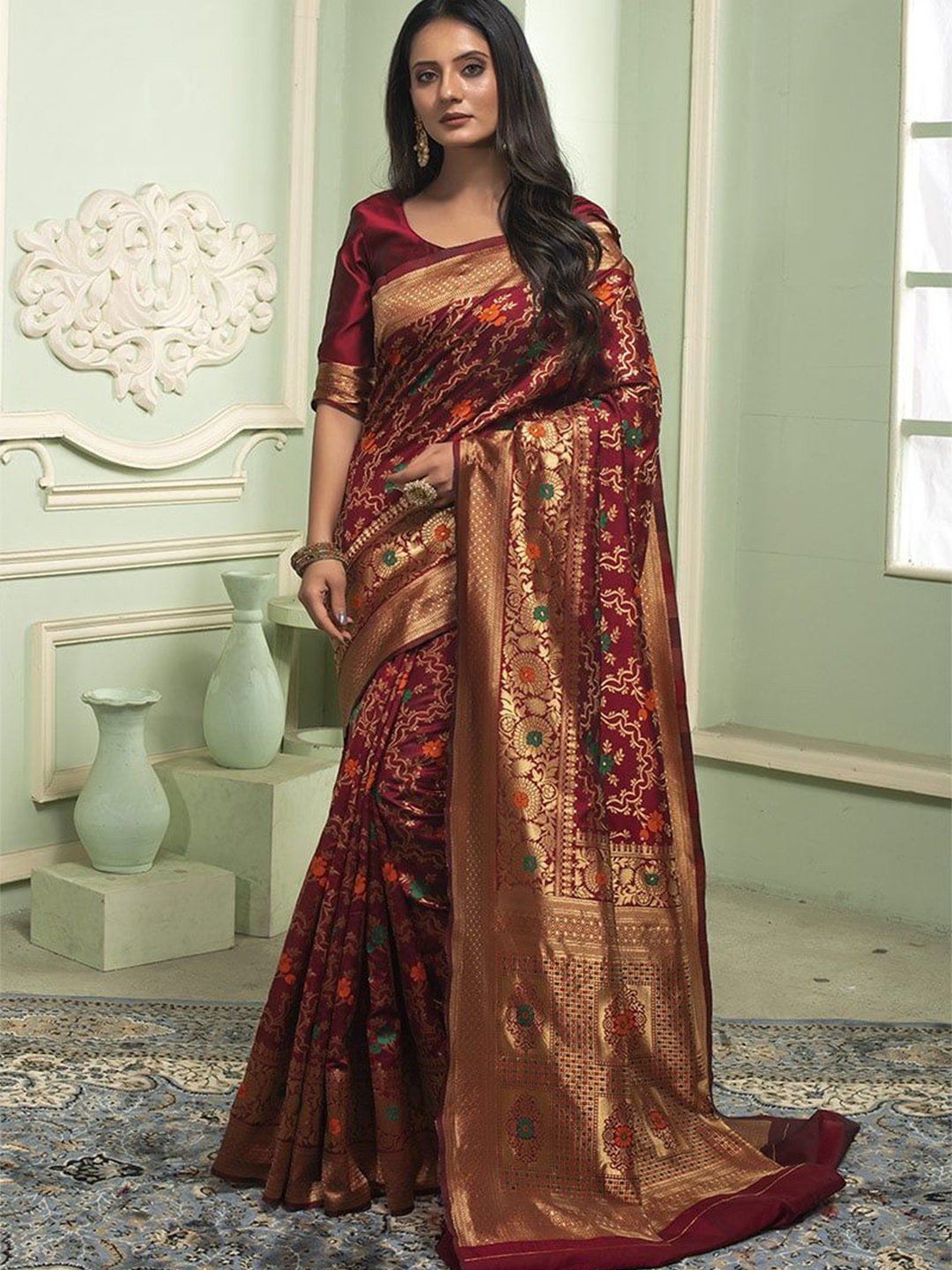 

KALINI Woven Design Zari Banarasi Saree, Maroon
