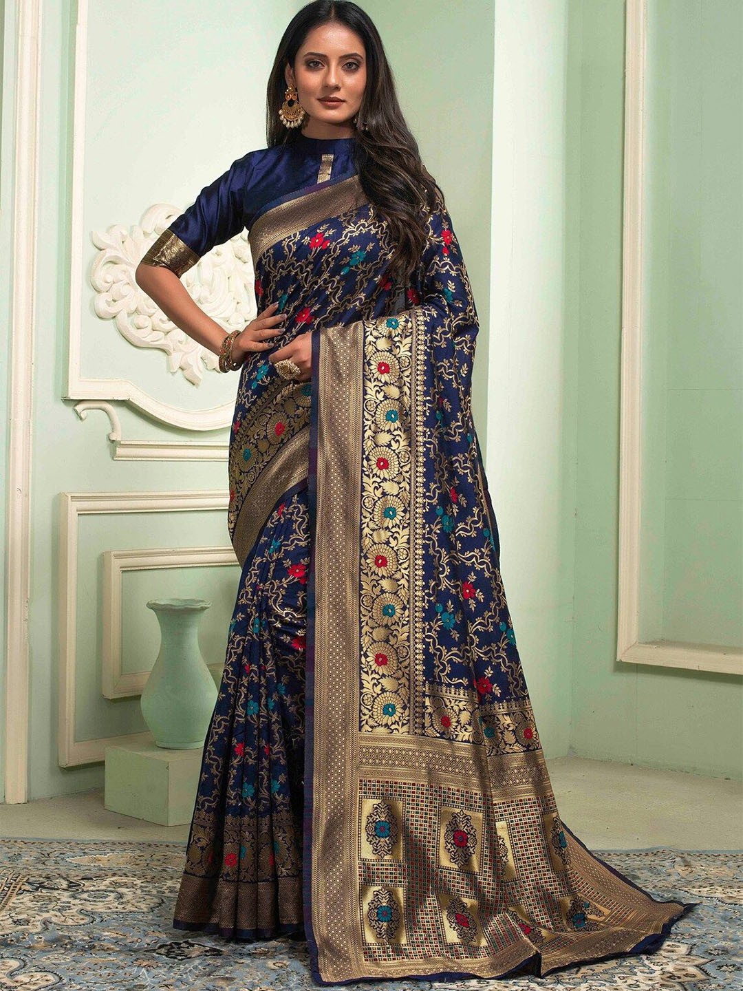 

KALINI Woven Design Zari Banarasi Saree, Blue