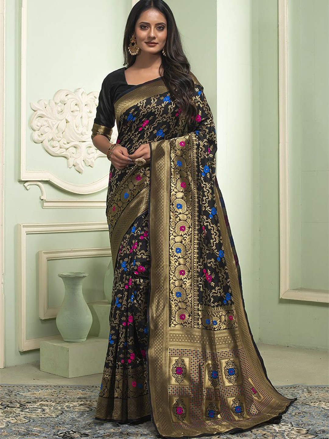 

KALINI Ethnic Motifs Zari Banarasi Saree, Black