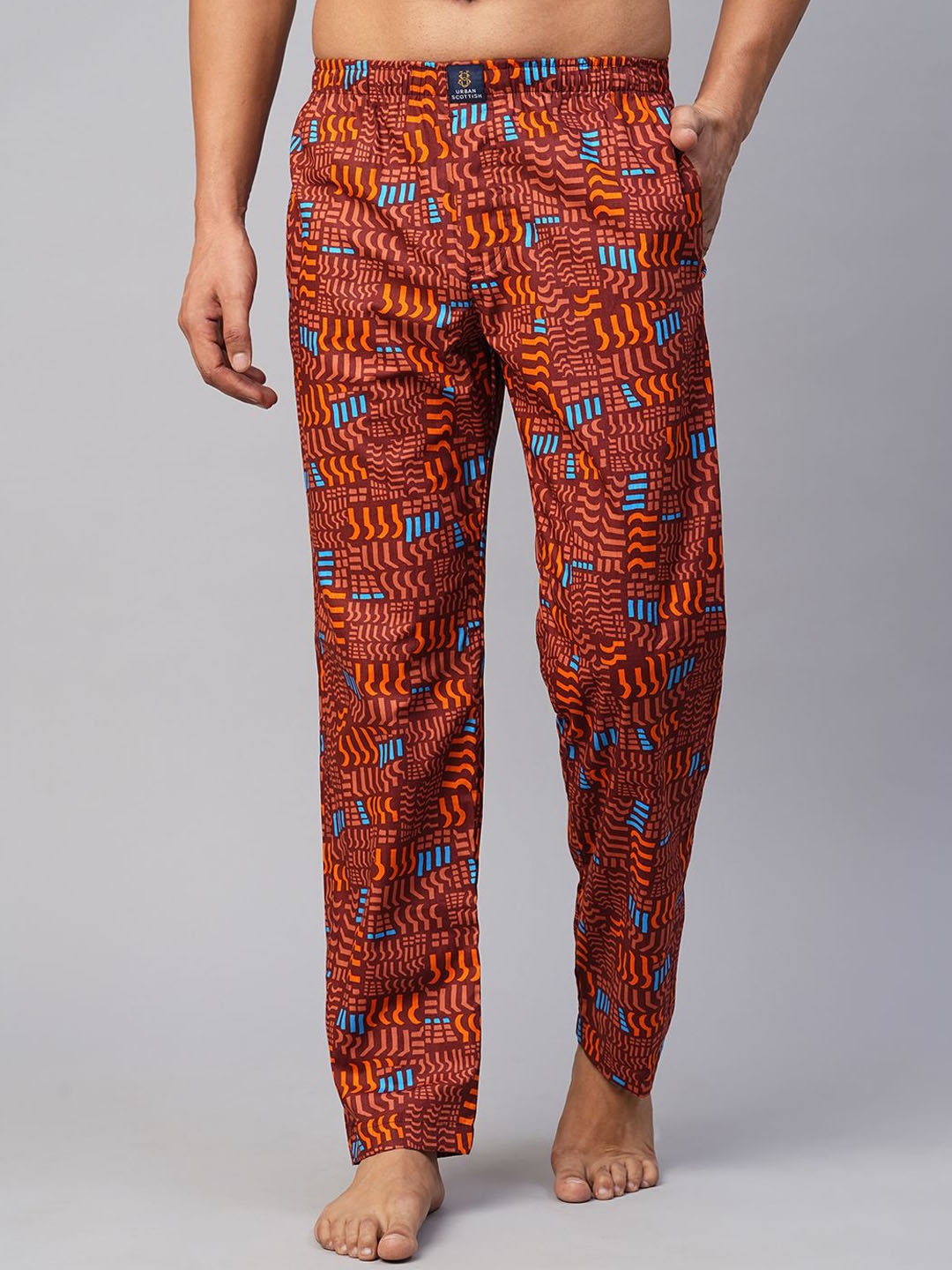 

URBAN SCOTTISH Men Printed Cotton Lounge Pants, Brown