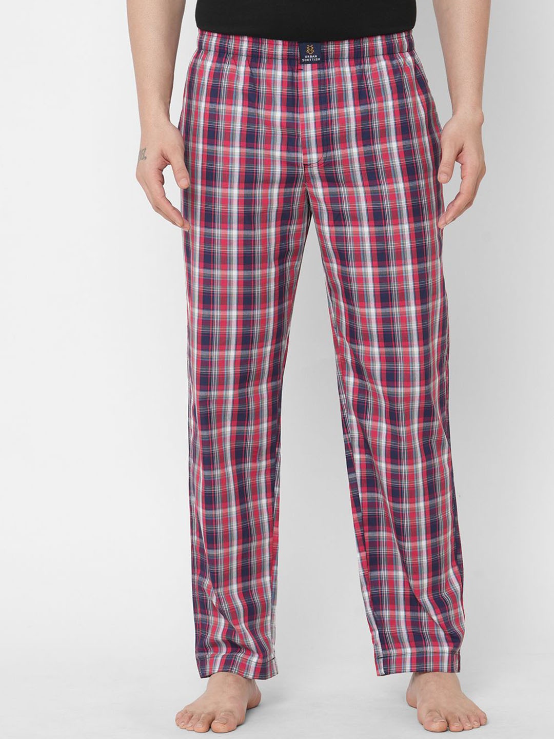 

URBAN SCOTTISH Men Checked Cotton Straight Lounge Pants, Red