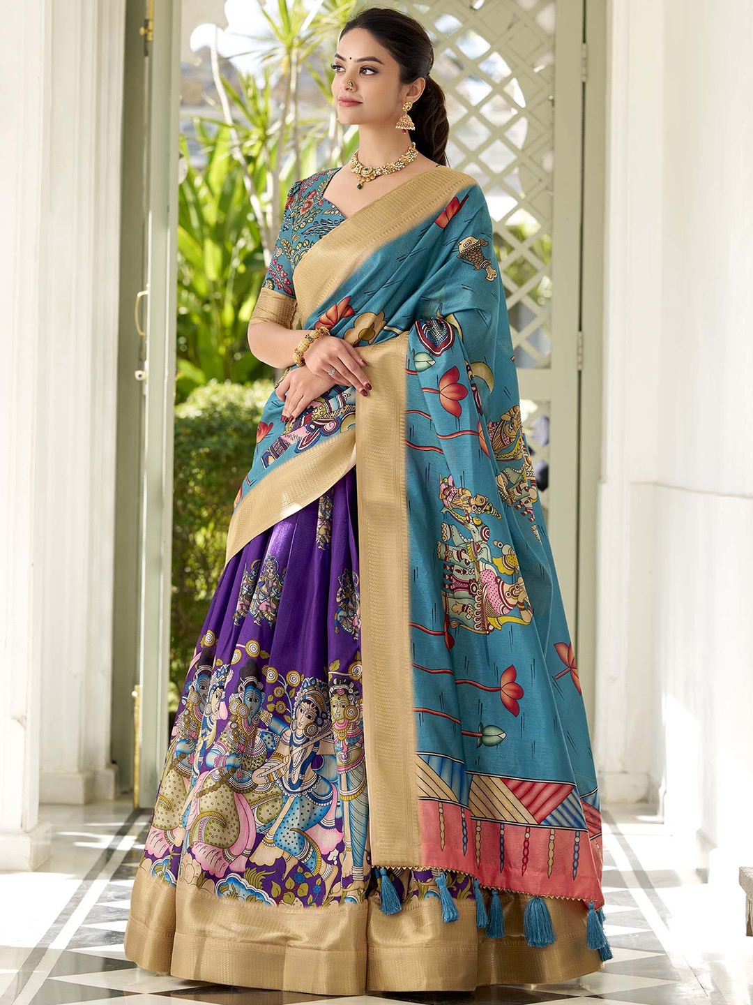 

LOOKNBOOK ART Kalamkari Printed Ready to Wear Lehenga & Unstitched Blouse With Dupatta, Purple