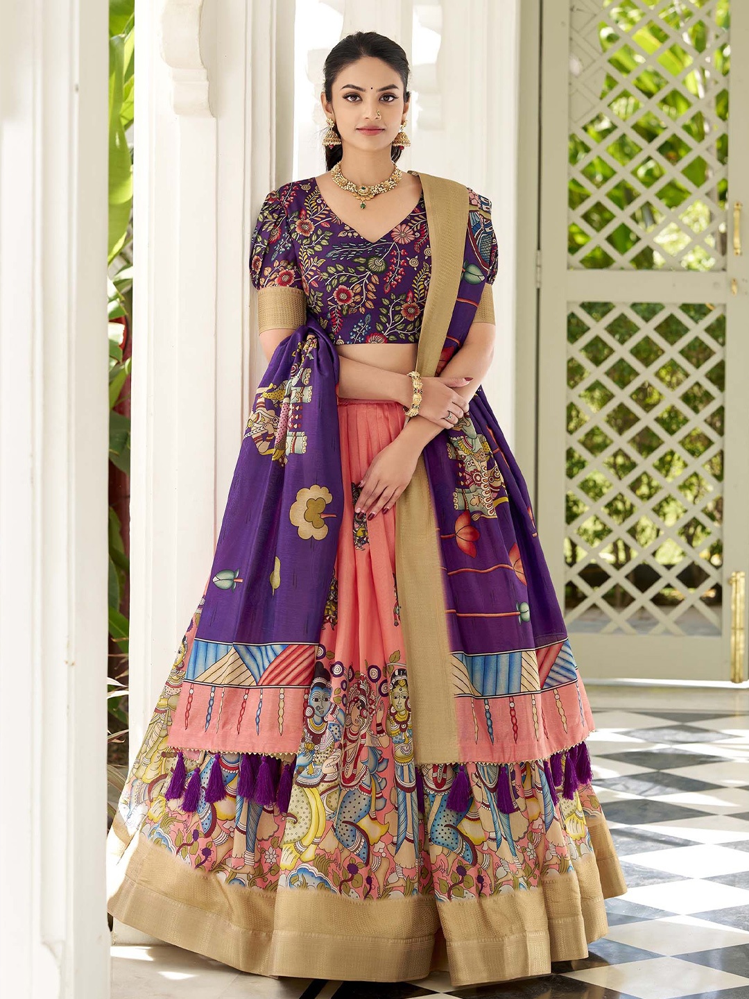 

LOOKNBOOK ART Kalamkari Printed Semi-Stitched Lehenga & Unstitched Blouse With Dupatta, Peach