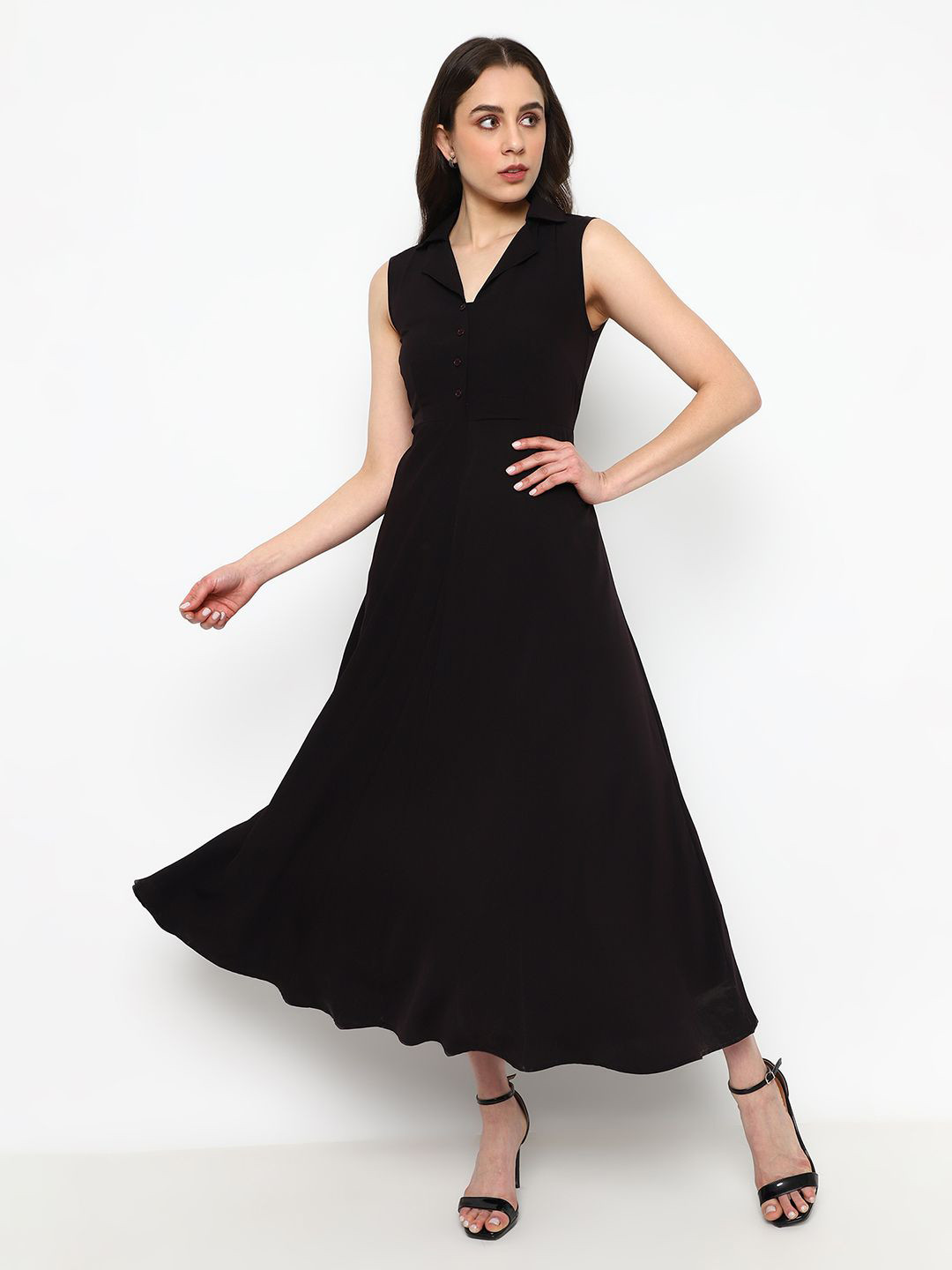 

Satrisha Shirt Collar Sleeveless Crepe Maxi Dress, Black