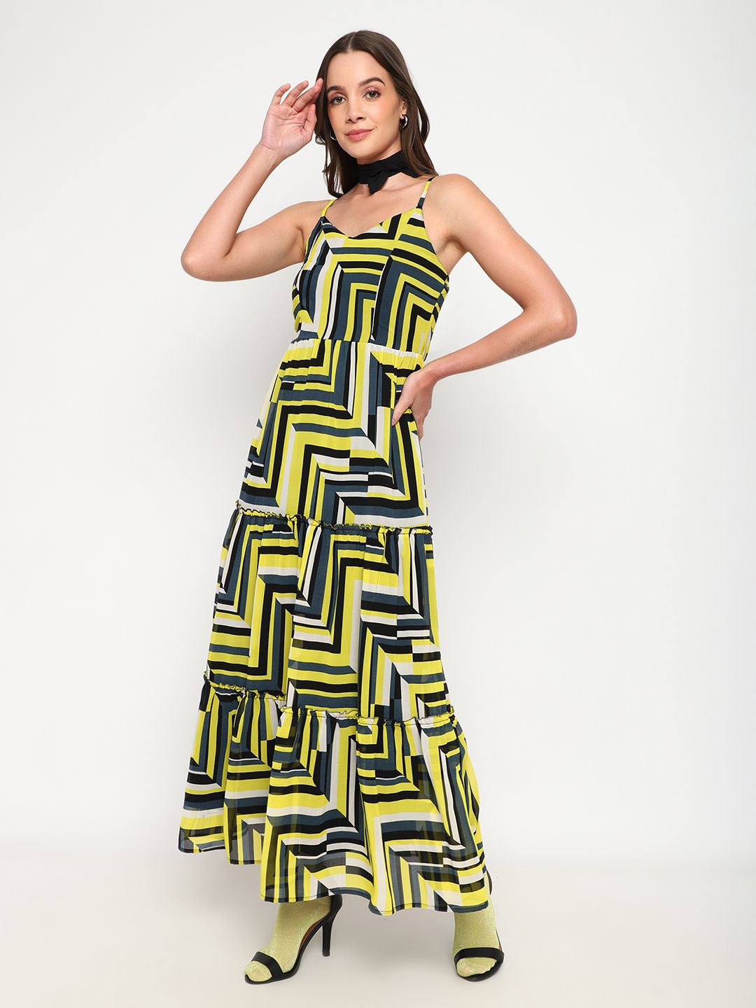 

Satrisha Abstract Printed Shoulder Straps Crepe A-Line Maxi Dress, Yellow