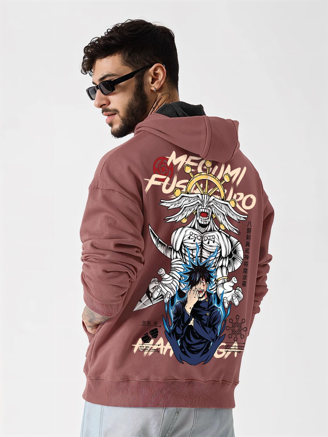 

Crazymonk Printed Anime Megumi X Mahoraga Oversized Fit Hooded Sweatshirt, Coral