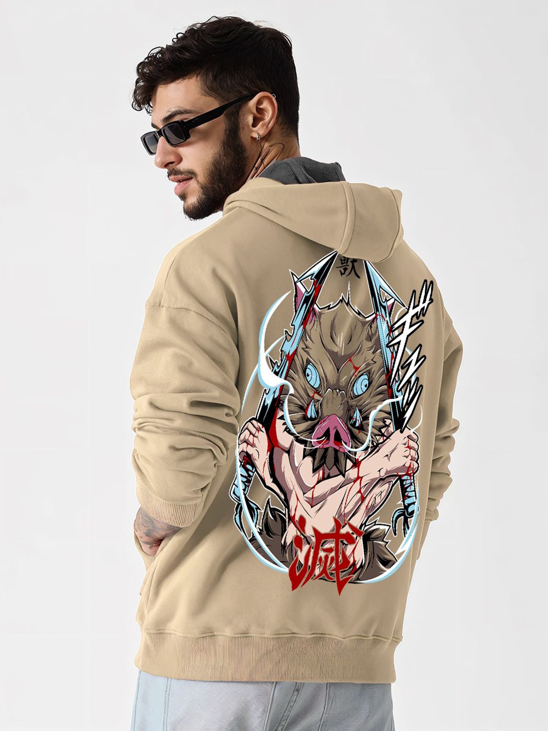 

Crazymonk Printed Anime Inosuke Hashibra X Beast Oversized Fit Hooded Sweatshirt, Beige