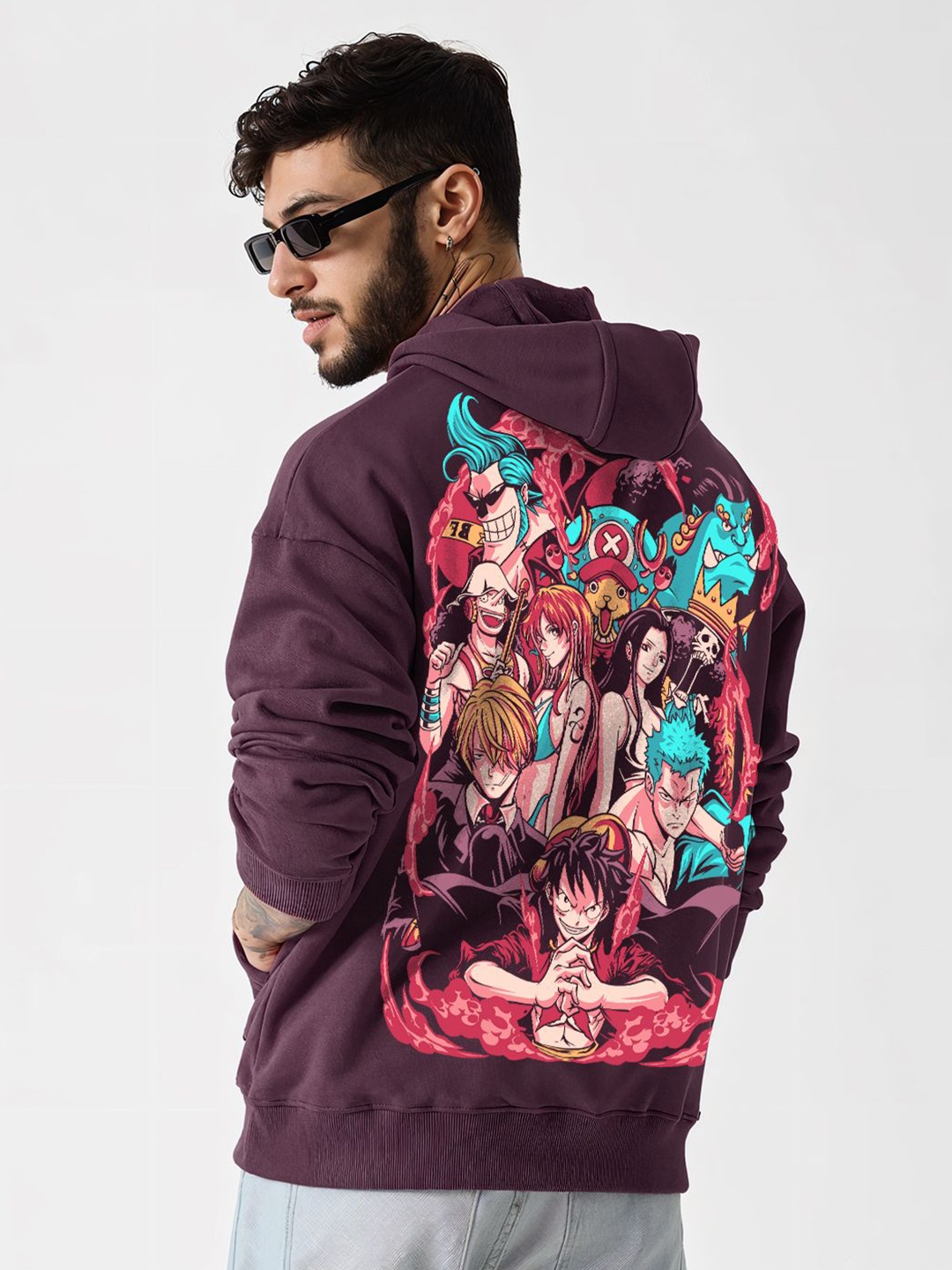 

Crazymonk Printed Anime Straw Hat Crew Oversized Fit Hooded Sweatshirt, Brown