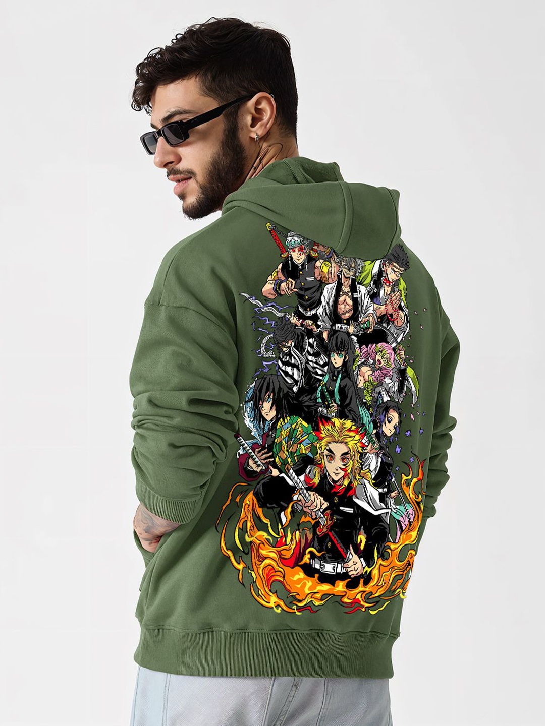 

Crazymonk Printed Anime Hashira Demon Slayer Oversized Fit Hooded Sweatshirt, Olive