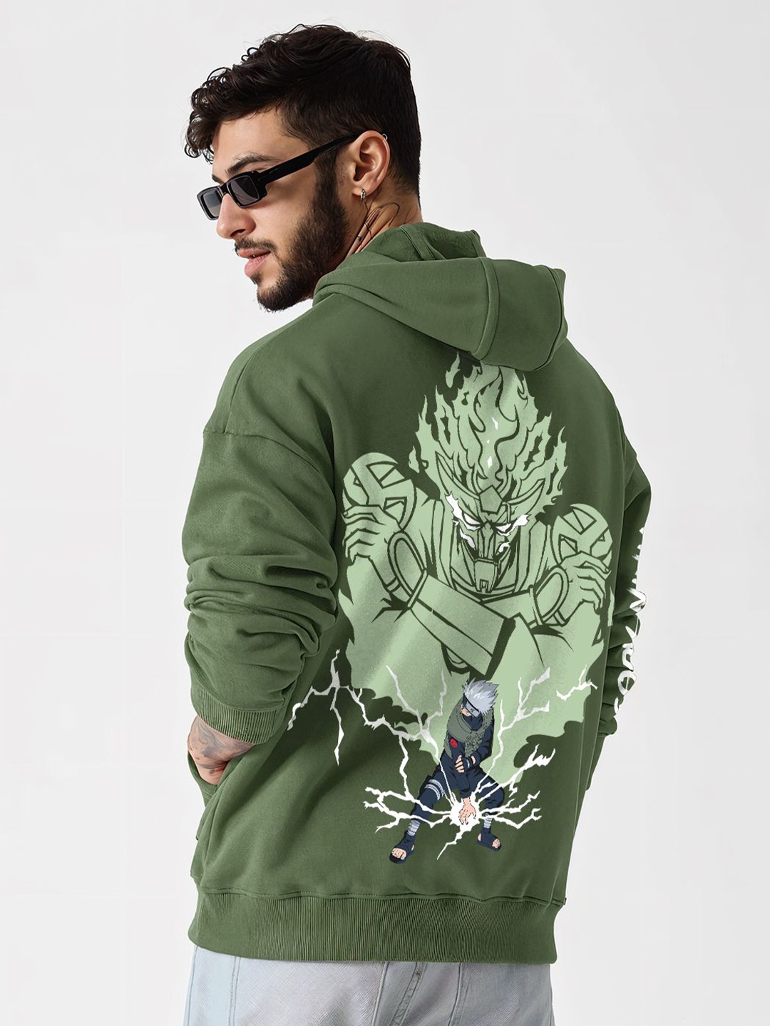 

Crazymonk Printed Anime Copy Ninja Kakashi Oversized Fit Hooded Sweatshirt, Olive