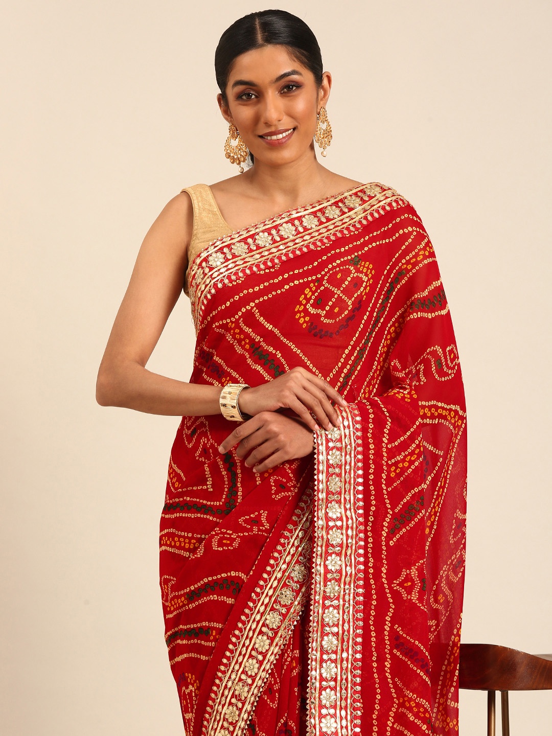 

Mitera Bandhani Gotta Patti Poly Georgette Designer Bandhani Saree, Red