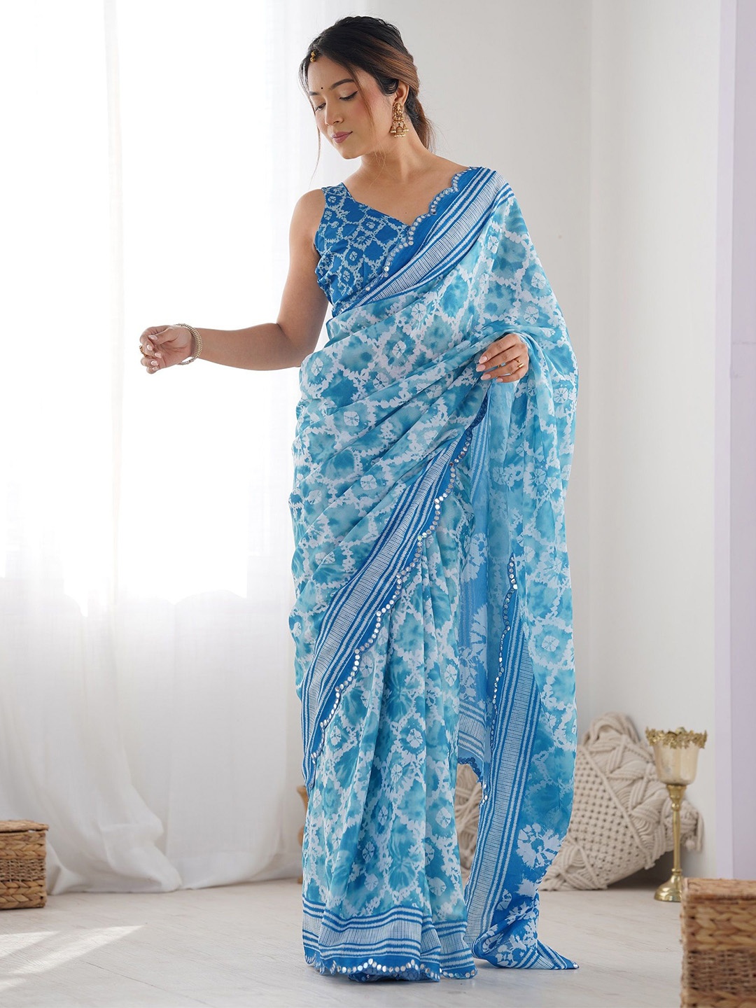 

KALINI Ethnic Motifs Mirror Work Saree, Blue