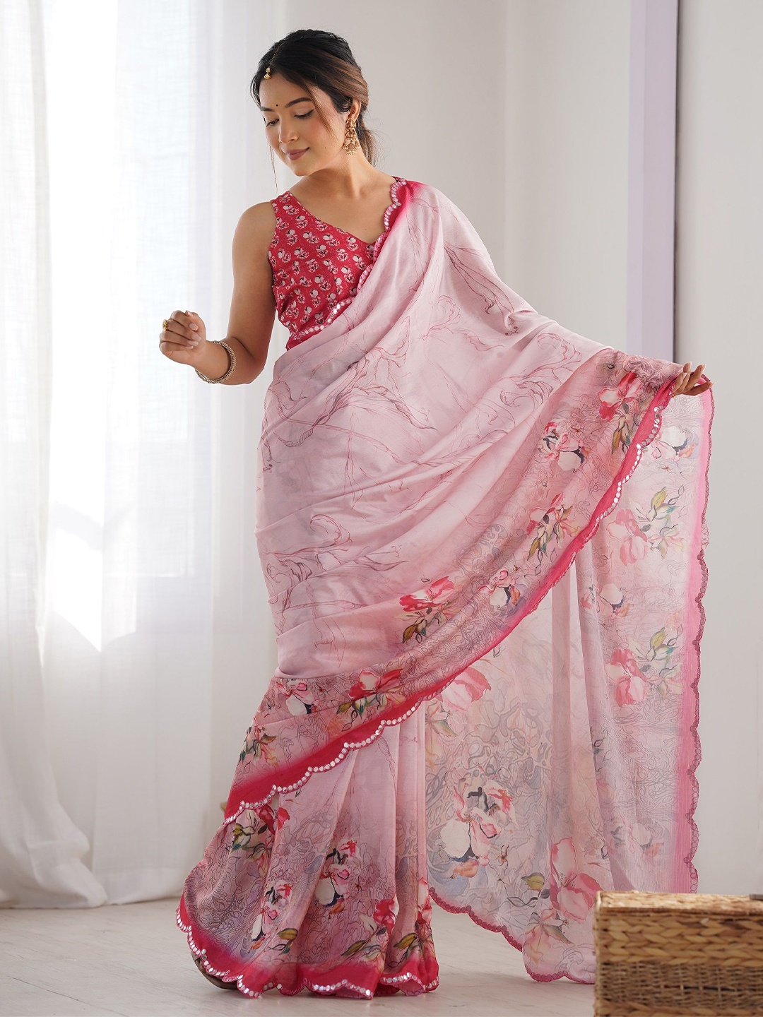 

KALINI Ethnic Motifs Mirror Work Silk Blend Saree, Pink