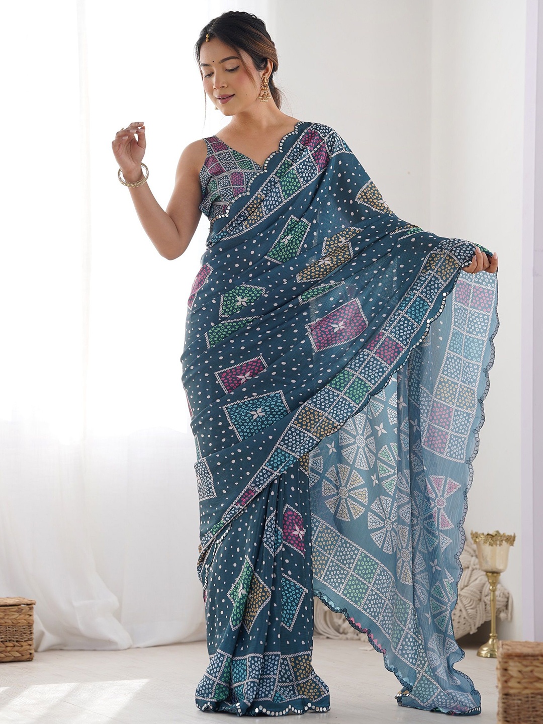 

KALINI Ethnic Motifs Mirror Work Saree, Blue